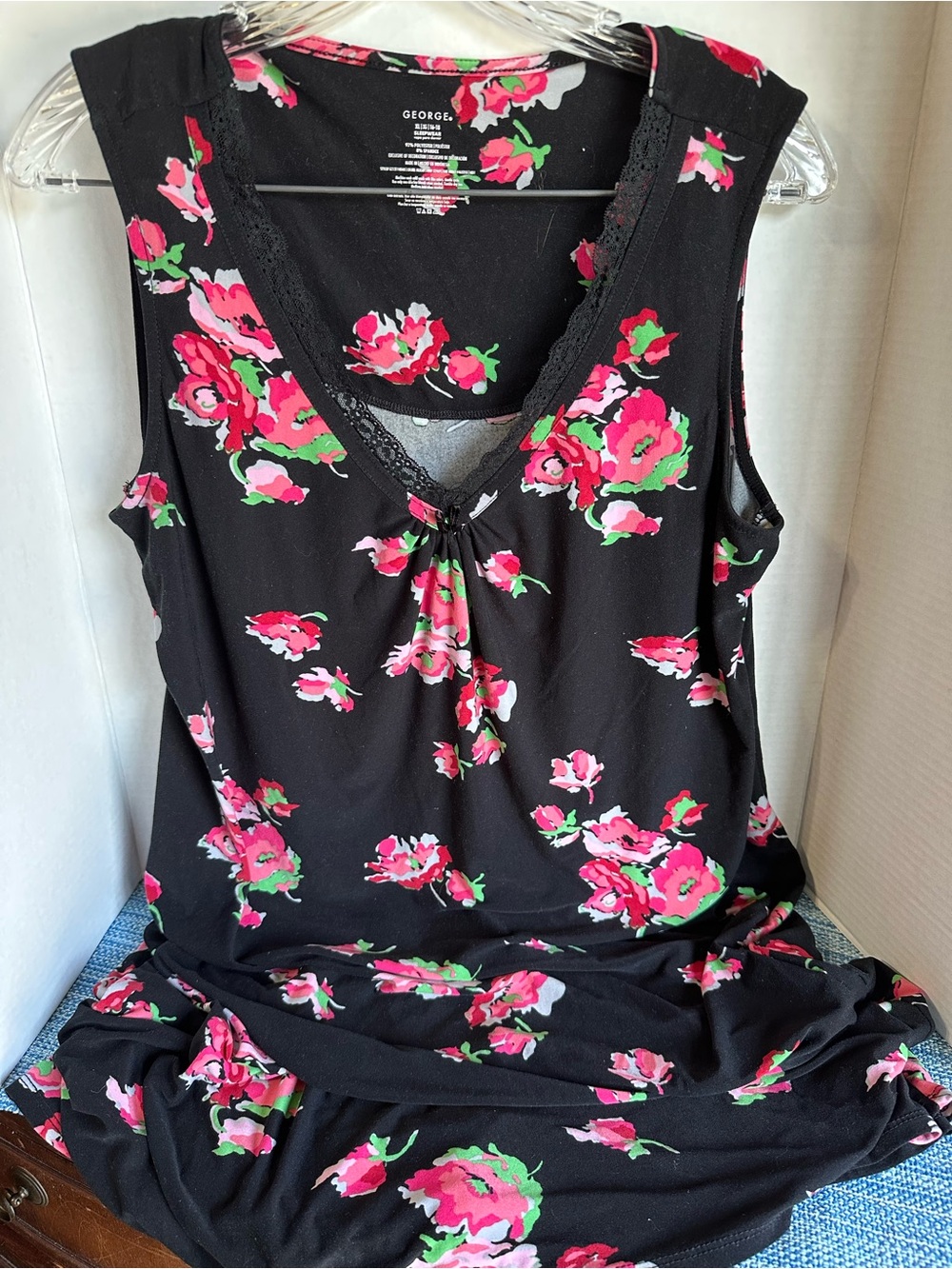 George Black Floral Sleeveless Tank with Pink and Green Roses